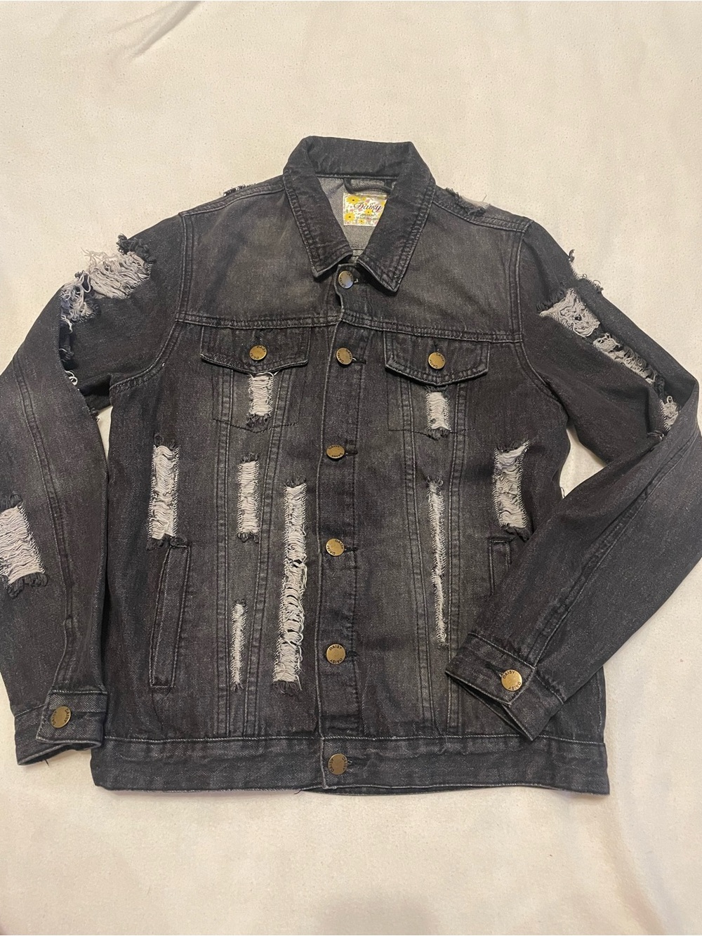 Daisy Black Distressed Jean Jacket with Brass Buttons